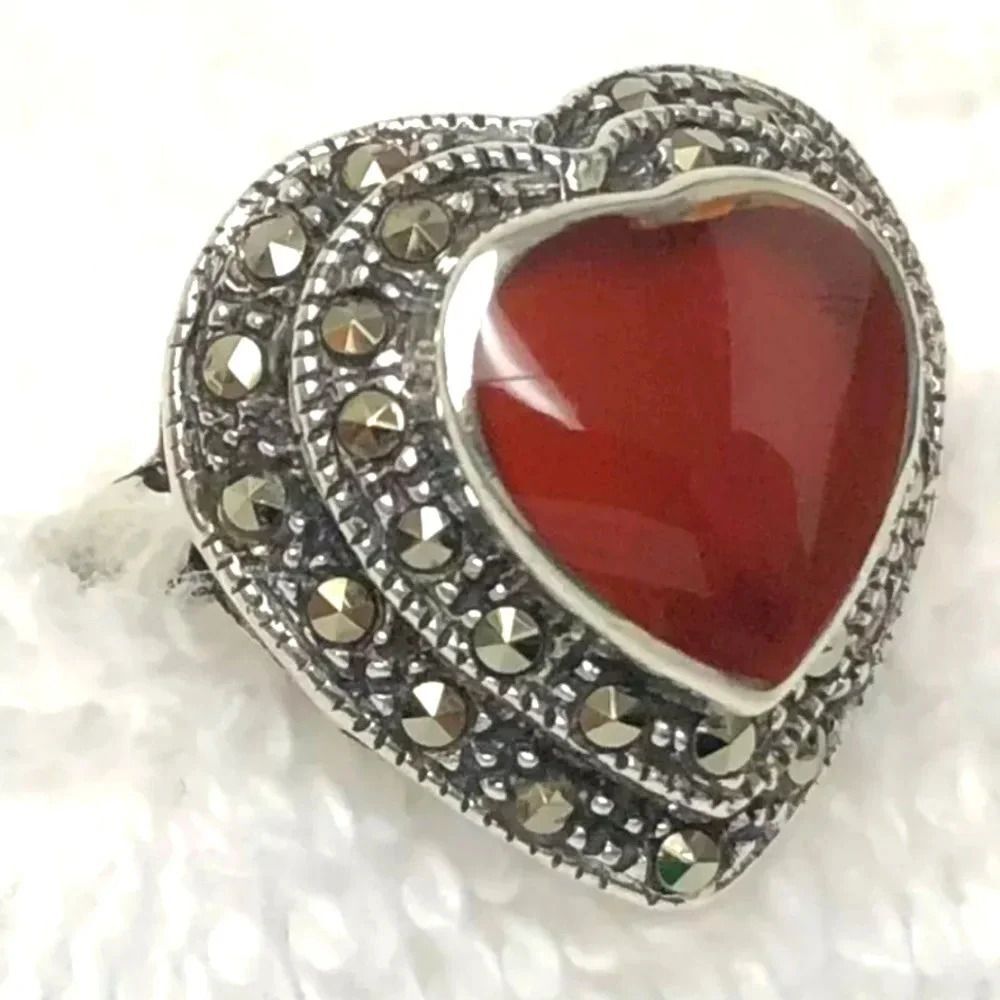 Sterling Silver Natural Carnelian And Marcasite Heart Ring Size 8